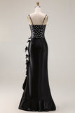 Black White Dot Corset Mermaid Satin Prom Dress with Ruffles