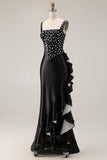 Black White Dot Corset Mermaid Satin Prom Dress with Ruffles