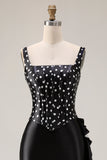 Black White Dot Corset Mermaid Satin Prom Dress with Ruffles