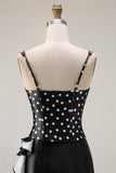 Black White Dot Corset Mermaid Satin Prom Dress with Ruffles