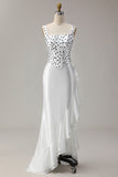 White Black Dot Corset Mermaid Satin Prom Dress with Ruffles