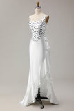 Black White Dot Corset Mermaid Satin Prom Dress with Ruffles