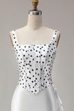 Black White Dot Corset Mermaid Satin Prom Dress with Ruffles