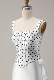 Black White Dot Corset Mermaid Satin Prom Dress with Ruffles