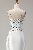 Black White Dot Corset Mermaid Satin Prom Dress with Ruffles