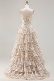 Apricot Black Dot Strapless A-Line Tiered Cut Out Bowed Long Prom Dress with Slit