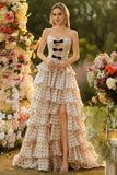 Apricot Black Dot Strapless A-Line Tiered Cut Out Bowed Long Prom Dress with Slit