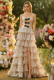 Apricot Black Dot Strapless A-Line Tiered Cut Out Bowed Long Prom Dress with Slit