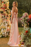 Sparkly Blush Mermaid Halter Sequins Side Slit Long Prom Dress with Large Bow