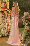 Sparkly Blush Mermaid Halter Sequins Side Slit Long Prom Dress with Large Bow
