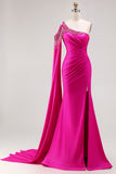 Fuchsia Mermaid One Shoulder Beaded Long Prom Dress with Slit