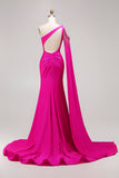 Fuchsia Mermaid One Shoulder Beaded Long Prom Dress with Slit