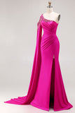 Fuchsia Mermaid One Shoulder Beaded Long Prom Dress with Slit