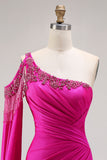 Fuchsia Mermaid One Shoulder Beaded Long Prom Dress with Slit