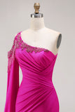 Fuchsia Mermaid One Shoulder Beaded Long Prom Dress with Slit