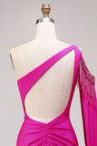 Fuchsia Mermaid One Shoulder Beaded Long Prom Dress with Slit