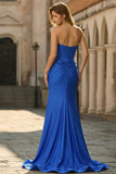 Royal Blue Strapless Sequin Corset Beaded Mermaid Long Prom Dress with 3D Flowers