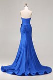 Royal Blue Strapless Sequin Corset Beaded Mermaid Long Prom Dress with 3D Flowers