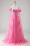 Hot Pink A-Line Off The Shoulder Corset Pleated Tulle Long Prom Dress with Cape
