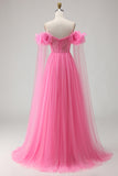 Hot Pink A-Line Off The Shoulder Corset Pleated Tulle Long Prom Dress with Cape
