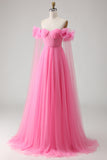 Hot Pink A-Line Off The Shoulder Corset Pleated Tulle Long Prom Dress with Cape