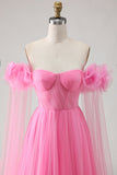 Hot Pink A-Line Off The Shoulder Corset Pleated Tulle Long Prom Dress with Cape