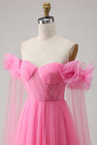 Hot Pink A-Line Off The Shoulder Corset Pleated Tulle Long Prom Dress with Cape