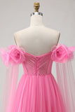 Hot Pink A-Line Off The Shoulder Corset Pleated Tulle Long Prom Dress with Cape