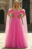 Hot Pink A-Line Off The Shoulder Plus Size Corset Pleated Tulle Long Prom Dress with Cape