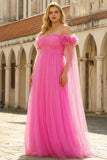 Hot Pink A-Line Off The Shoulder Plus Size Corset Pleated Tulle Long Prom Dress with Cape