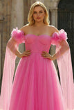 Hot Pink A-Line Off The Shoulder Plus Size Corset Pleated Tulle Long Prom Dress with Cape
