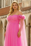 Hot Pink A-Line Off The Shoulder Plus Size Corset Pleated Tulle Long Prom Dress with Cape