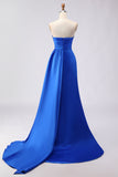 Royal Blue A Line Beaded Strapless Ruched Long Prom Dress with Slit