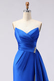 Royal Blue A Line Beaded Strapless Ruched Long Prom Dress with Slit
