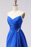 Royal Blue A Line Beaded Strapless Ruched Long Prom Dress with Slit