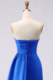 Royal Blue A Line Beaded Strapless Ruched Long Prom Dress with Slit