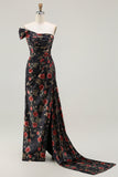 Black Red Flower One Shoulder Sheath Streamer Long Prom Dress with Side Slit