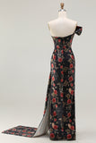 Black Red Flower One Shoulder Sheath Streamer Long Prom Dress with Side Slit