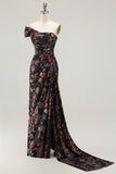 Black Red Flower One Shoulder Sheath Streamer Long Prom Dress with Side Slit
