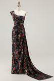Black Red Flower One Shoulder Sheath Streamer Long Prom Dress with Side Slit