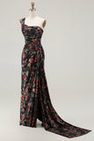 Black Red Flower One Shoulder Sheath Streamer Long Prom Dress with Side Slit