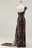 Black Red Flower One Shoulder Sheath Streamer Long Prom Dress with Side Slit