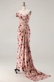 Blush One Shoulder Sheath Streamer Long Prom Dress with Side Slit