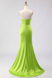 Green Strapless Mermaid 3D Flower Satin Long Prom Dress with Slit