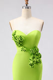 Green Strapless Mermaid 3D Flower Satin Long Prom Dress with Slit