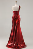 Metallic Burgundy Mermaid One Shoulder Corset 3D Flowers Long Prom Dress with Slit