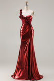 Metallic Burgundy Mermaid One Shoulder Corset 3D Flowers Long Prom Dress with Slit