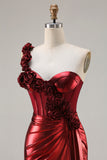 Metallic Burgundy Mermaid One Shoulder Corset 3D Flowers Long Prom Dress with Slit