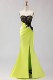 Black Green Strapless Mermaid Lace Appliqued Ruched Long Prom Dress with Slit