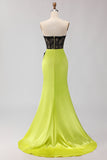 Black Green Strapless Mermaid Lace Appliqued Ruched Long Prom Dress with Slit